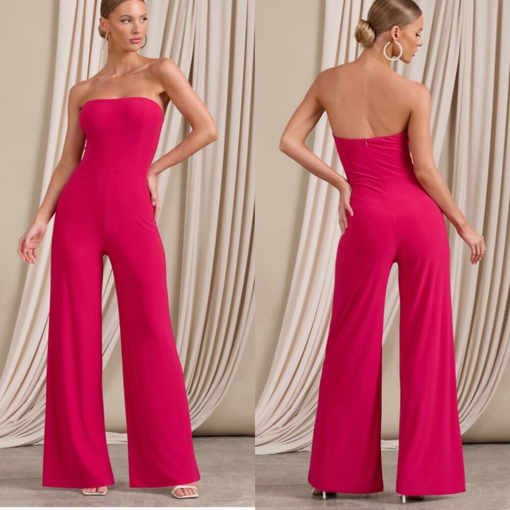 Club L London Darya Hot Pink Bandeau Wide Leg Jumpsuit